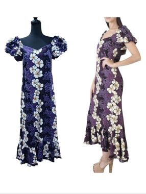 Hilo Hattie Blooming Hibiscus Shirred Sleeve Maxi Dress Y2K